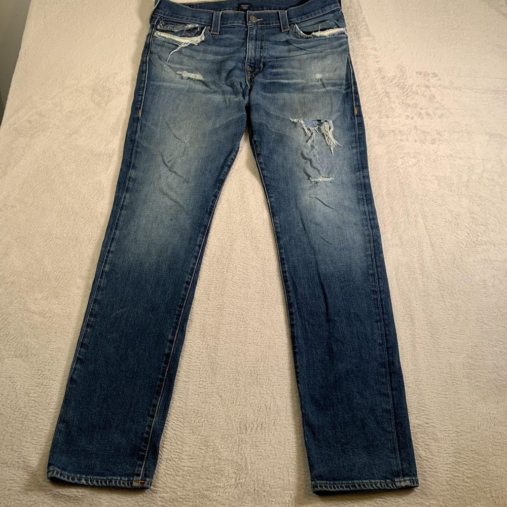True Religion Geno Jeans Mens 36x35 Blue Relaxed Slim Fit Distressed Denim